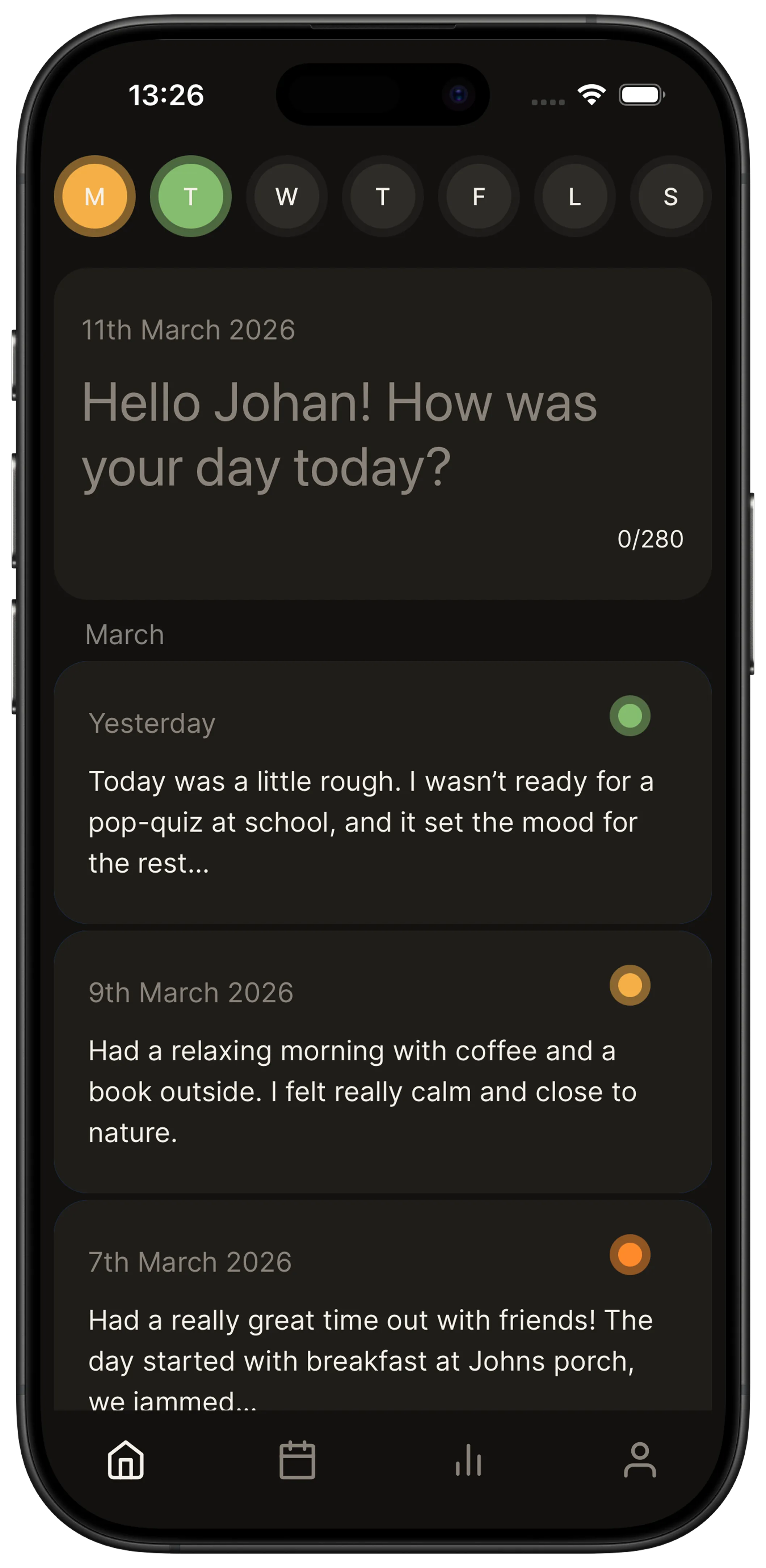 Microjournal app - Home screen with mood-colored entries